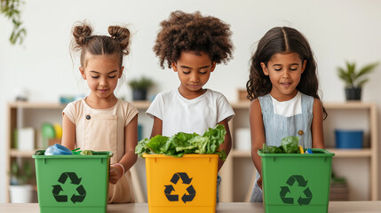 Children learning about recycling with green bins, sorting vegetables and plastic. They engage in eco friendly practices, promoting sustainability and environmental awareness