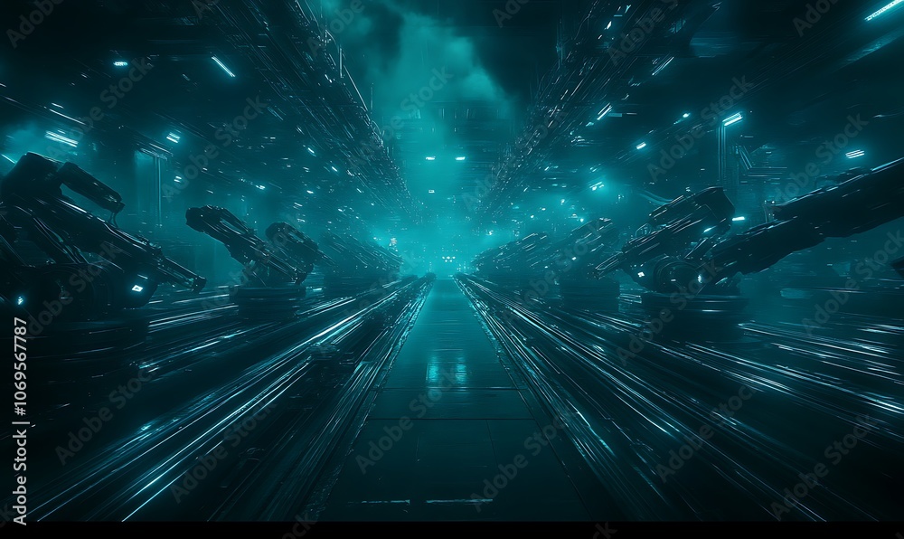 Aufkleber A futuristic digital landscape with glowing blue structures, creating a sense of depth and an otherworldly atmosphere.