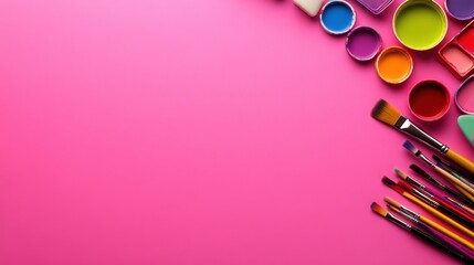 Brightly colored paint cups and brushes on a vibrant pink background. Perfect for creative projects, art inspiration, and design ideas.