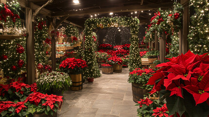 Fototapeta premium Poinsettias displayed in various sizes and colors in a holiday-themed setting.
