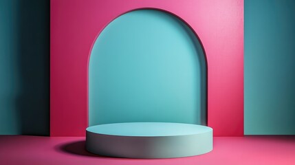 A teal cylindrical platform in front of a turquoise archway