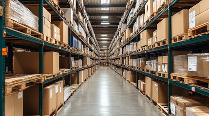 Vast Warehouse Inventory: Rows of neatly stacked cardboard boxes fill expansive warehouse shelves, showcasing efficient logistics and storage solutions.  A perspective shot emphasizes depth and scale.