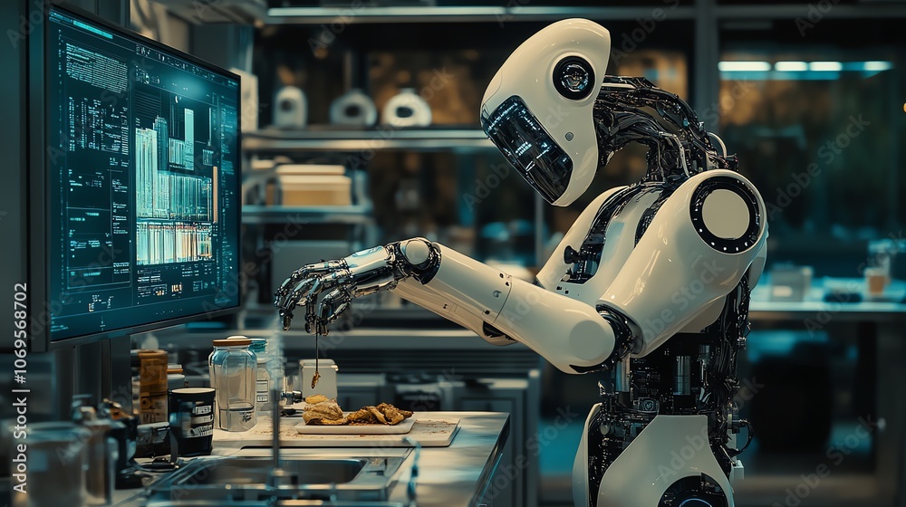 Fototapete A futuristic robot working in a laboratory, pouring liquid into a glass beaker, with a computer screen in the background showing data and charts.