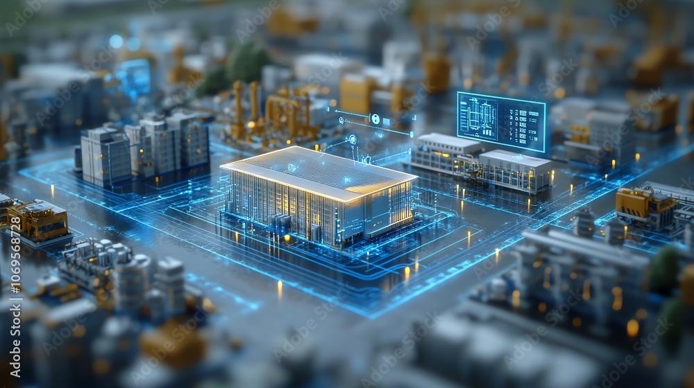 Poster a futuristic smart city with digital infrastructure, interconnected buildings, and data visualizatio
