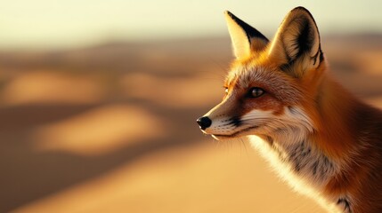 Fototapeta premium Close-up of a red fox gazing into the distance against a beautiful desert backdrop, showcasing its striking fur and sharp gaze.