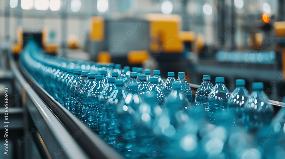 Poster dynamic image of conveyor belt transporting blue plastic bottles in recycling facility, showcasing e
