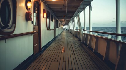 A serene view of a ship's deck, showcasing the ocean and a peaceful atmosphere.