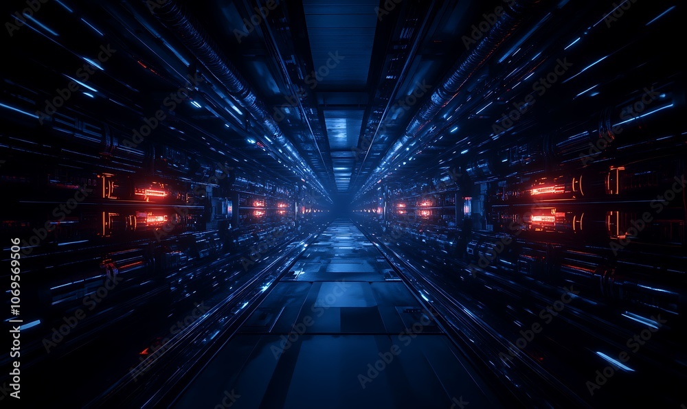 Poster a futuristic corridor with glowing blue and red lights, creating a digital or cybernetic ambiance re