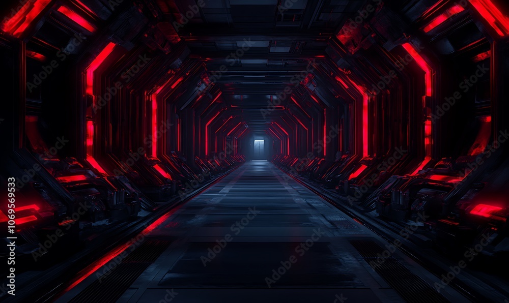 Aufkleber a futuristic corridor illuminated by red lights, creating a mysterious atmosphere leading to a faint