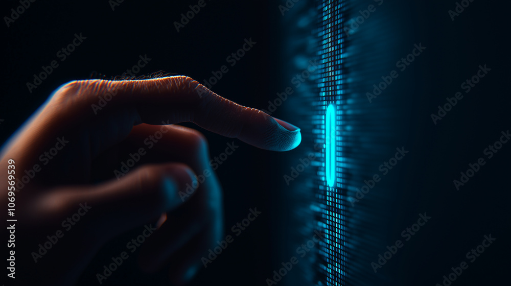 Poster finger is about to press luminous blue button on dark background, creating sense of anticipation and
