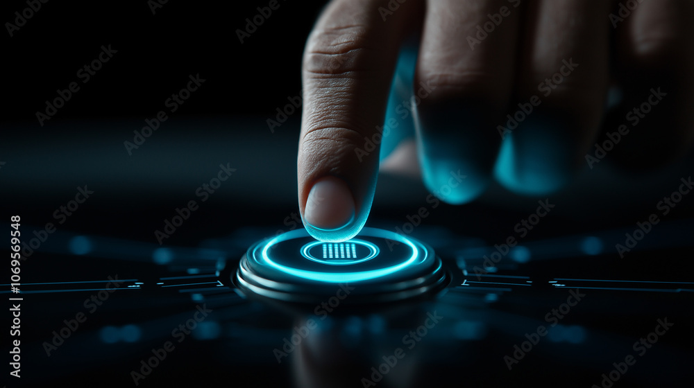 Leinwandbilder finger about to press luminous blue button, showcasing advanced technology and interaction. glowing 