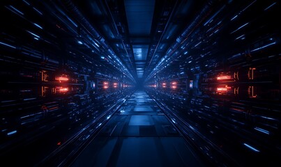 A futuristic corridor with glowing blue and red lights, creating a digital or cybernetic ambiance reminiscent of advanced technology and data storage.
