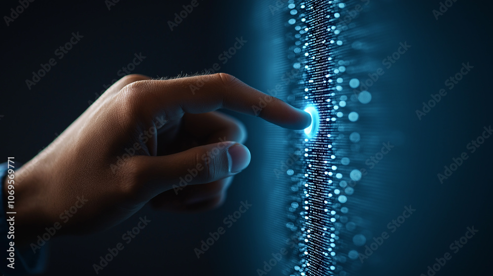 Leinwandbilder hand pressing glowing blue button on high tech interface, showcasing advanced technology and interaction. scene conveys sense of innovation and connectivity