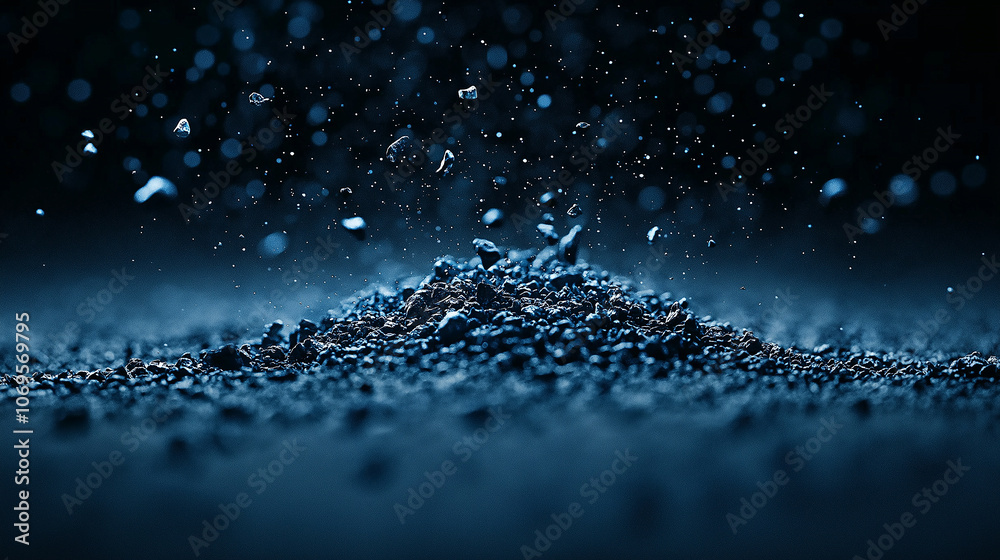 Poster close up view of pile of dark particles with misty background, creating dramatic effect. particles appear to be suspended in air, enhancing visual depth