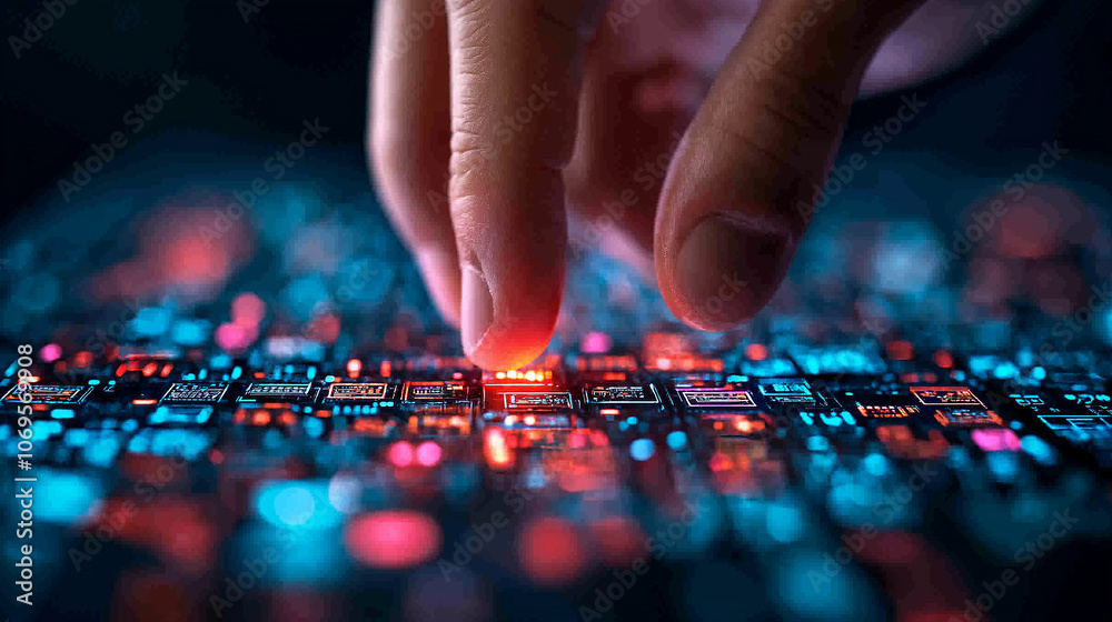 Leinwandbilder close up of finger poised to touch glowing virtual button on circuit board, showcasing technology an