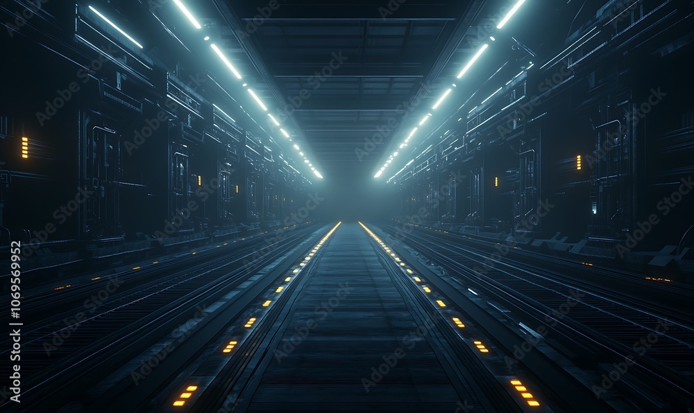 Aufkleber a futuristic, high-tech corridor illuminated by bright lights, creating an atmosphere of mystery and