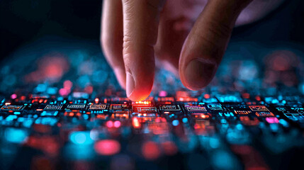 Fototapeta premium Close up of finger poised to touch glowing virtual button on circuit board, showcasing technology and innovation in vibrant digital environment