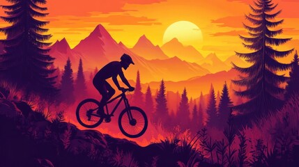 Obraz premium A silhouette of a mountain biker against a vibrant sunset and mountainous landscape.