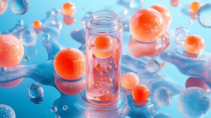 A glass bottle with pink liquid and orange bubbles on a blue background with smaller bubbles around.