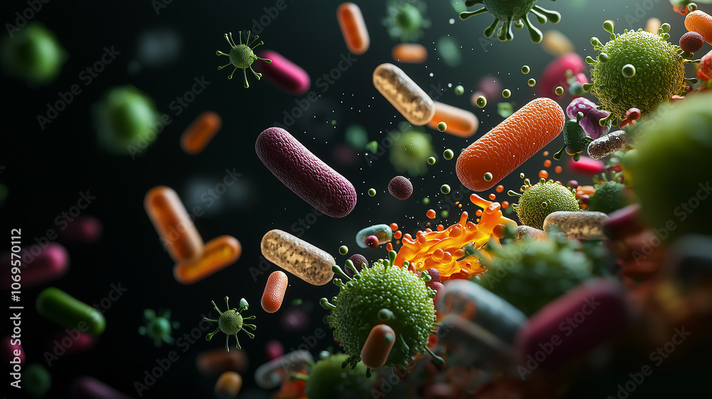 Poster microscopic view of colorful pathogens and bacteria in motion, showcasing vibrant details and glowin