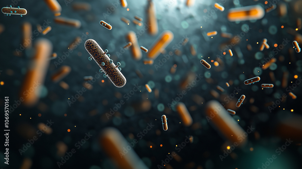 Fototapete microscopic view of pathogens with glowing accents, showcasing bacteria in dynamic environment. vibr