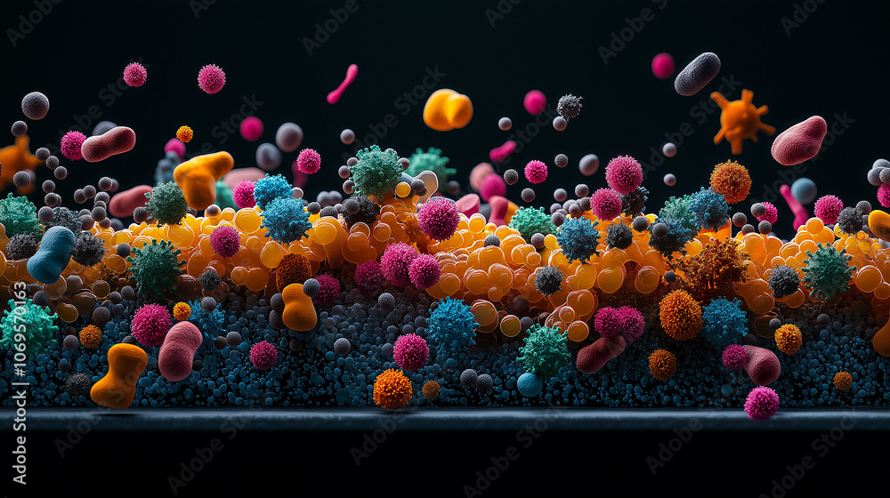 Poster microscopic view of colorful pathogens and microorganisms, showcasing vibrant details and glowing ac