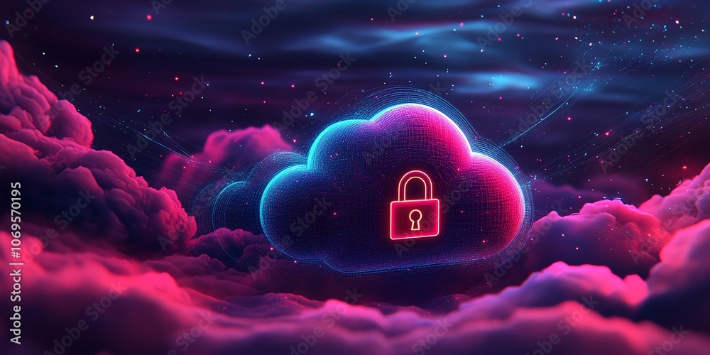 Poster A glowing cloud with a padlock symbol inside, representing the security of the cloud.