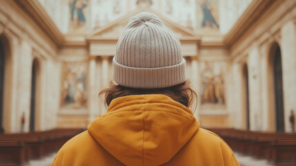 A person wearing a grey beanie and yellow hoodie stands in a grand building.
