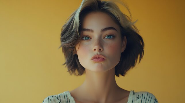 Wide angle, Lifestyle photo of a woman looking confused, one eyebrow raised, lips pursed in thought, 4k resolution, Plain background, cinematic scene