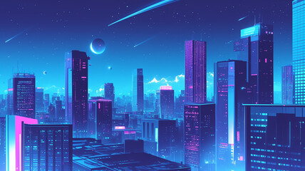 Obraz premium 1970年代、1980年代のシティポップをイメージした夜の都会のグラフィックアート,レトロポップ,懐かしい,エモーショナル,チル,背景素材 
