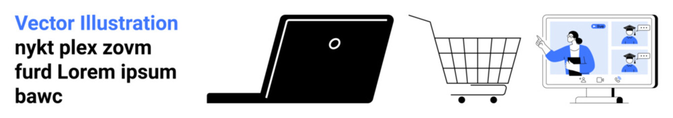 Laptop for browsing, shopping cart symbolizing online purchases, and monitor screen depicting virtual meeting with participants. Ideal for e-commerce, virtual events, online shopping, digital