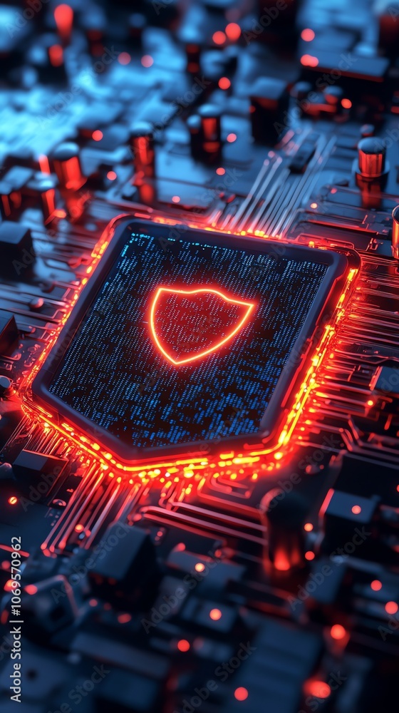 Poster a glowing red shield symbol on a circuit board, representing digital security and protection.