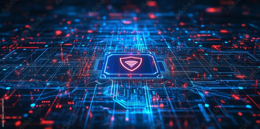 Aufkleber a glowing red and blue shield icon on a circuit board, symbolizing cybersecurity and data protection