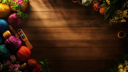 Colorful yarn balls with flowers on a wooden table create a cozy and creative setup for knitting and craft enthusiasts.