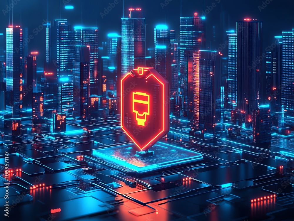 Aufkleber a glowing red shield with a skull icon sits atop a glowing blue circuit board in front of a futurist