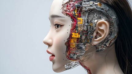 The female robot face is characterized by smooth, symmetrical features with a sleek metallic finish, conveying a sense of sophistication and modernity