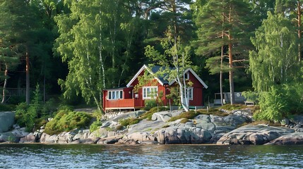 View on red holiday cabin by a lake in Stockholm archipelago of the lake in Finland.