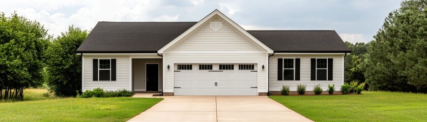 A modern, single-story house with a garden, featuring a clean design, large garage, and surrounded by green lawns under a cloudy sky.