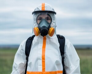 A person in a protective suit with a gas mask stands outdoors, emphasizing safety and environmental awareness against potential hazards.