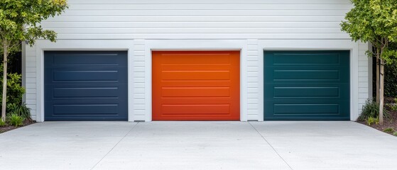 Fototapeta premium A modern garage with three doors: two in dark colors and one vibrant orange, surrounded by greenery and a clean driveway.