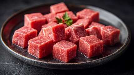 Cubes in raw beef in plate 