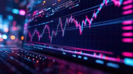 Obraz premium Laptop displaying a stock market chart with a colorful line graph and data.