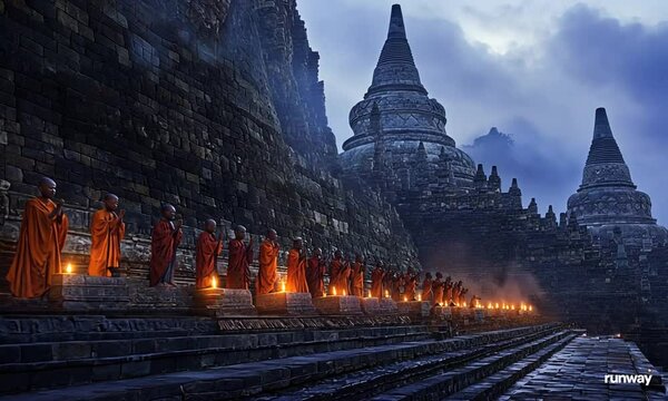 Monks in Meditation at Ancient Temple with Candlelight Ambiance