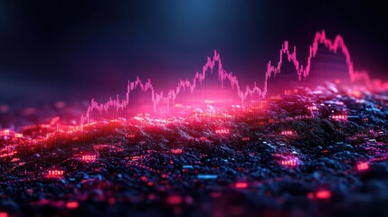 Obraz premium Abstract digital landscape with a glowing pink line chart.