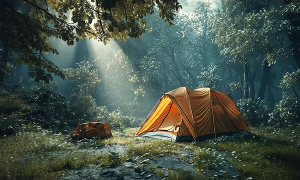 Tranquil Camping Scene In Serene Forest With Morning Light