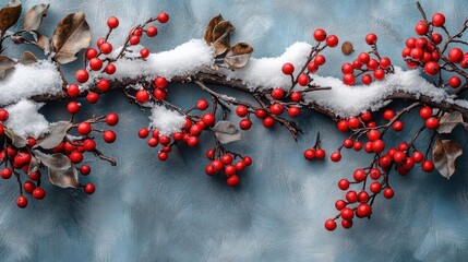 frost-covered snow-framed board nestled between branches with red berries, creating a wintery scene perfect for adding personalized messages or greetings