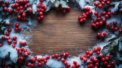 frost-covered snow-framed board nestled between branches with red berries, creating a wintery scene perfect for adding personalized messages or greetings