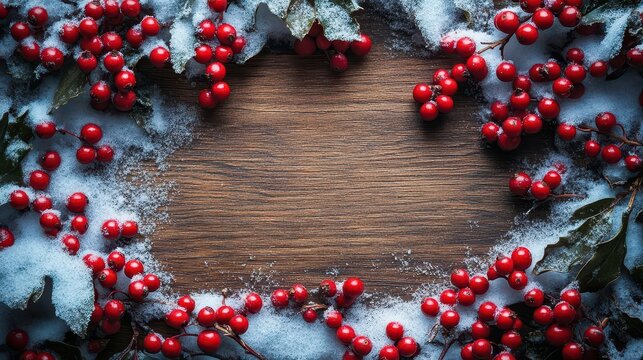 frost-covered snow-framed board nestled between branches with red berries, creating a wintery scene perfect for adding personalized messages or greetings