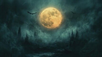full moon shining brightly through wispy clouds, with bats soaring across the night sky, creating a mysterious and enchanting atmosphere filled with a sense of the supernatural and adventure