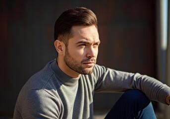 Fototapeta premium Portrait of a thoughtful man in a grey sweater looking away